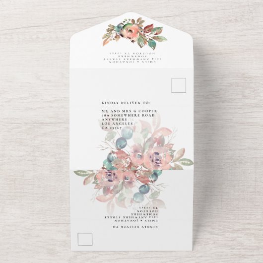 Turquoise roze bloemen gastadressen bruiloft all in one uitnodiging (Buitenkant)