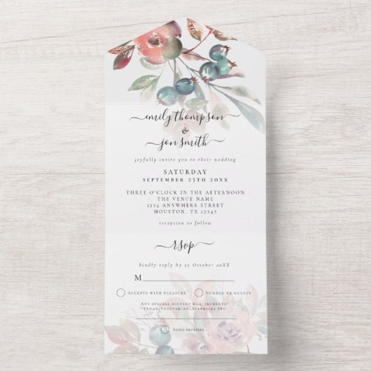 Turquoise roze bloemen gastadressen bruiloft all in one uitnodiging (Binnen)