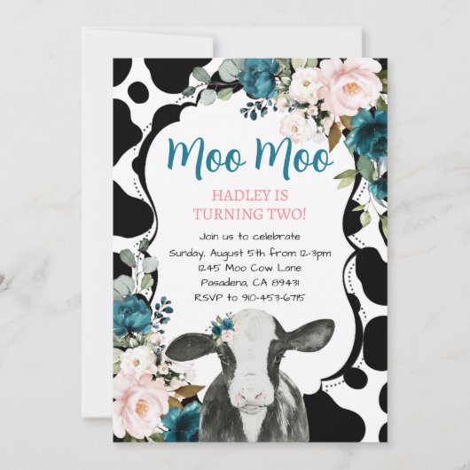 Turquoise Roze Bloemen Koe Boerderij Verjaardagsui Kaart (Voorkant)