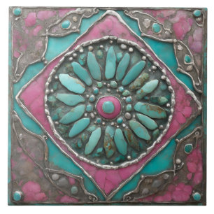 Turquoise & Roze Boho Mozaïek Mandala Kunstwerk Tegeltje