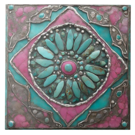 Turquoise & Roze Boho Mozaïek Mandala Kunstwerk Tegeltje (Voorkant)