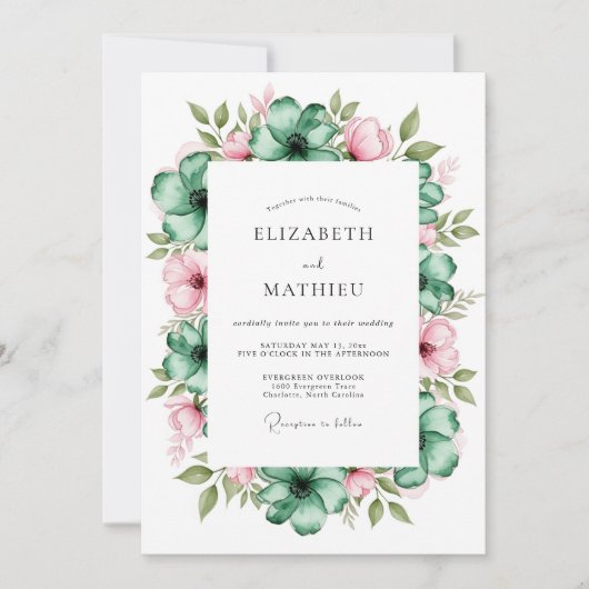 Turquoise Roze Botanische Romantische Bruiloft Kaart (Voorkant)