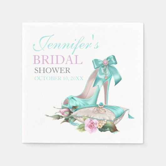Turquoise & Roze Bruidsfeest Schoen & Roos Servetten (Voorkant)
