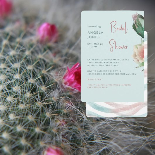 Turquoise & Roze Cacti Tropische Bruiloftsborrel Kaart