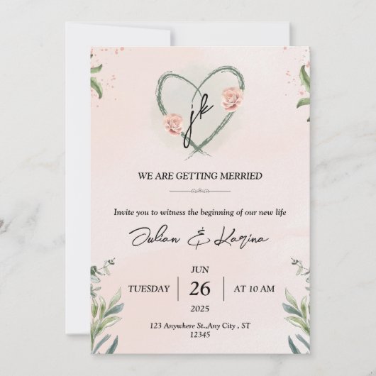 Turquoise Roze Elegante Bloemige Aquarel Uitnodigi Kaart (Voorkant)