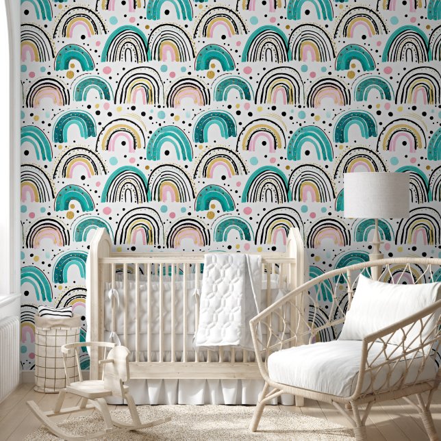 Turquoise roze en gouden regenbogen behang (Kinderen)