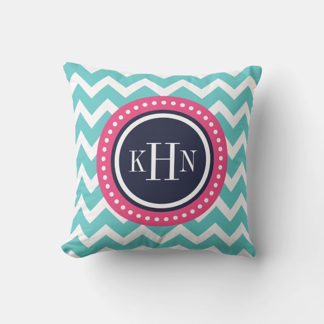 Turquoise Roze en Navy Chevron Monogram Kussen (Voorkant)