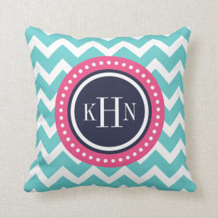 Turquoise Roze en Navy Chevron Monogram Kussen