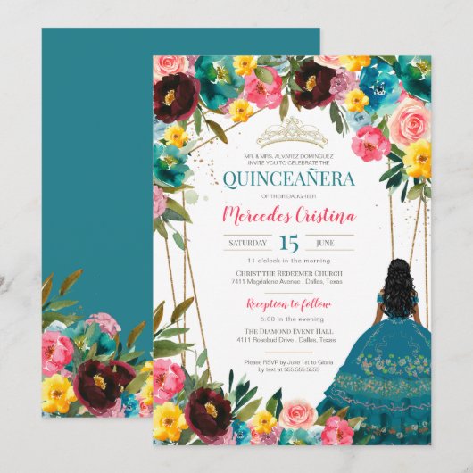 Turquoise roze geel fiesta Floral quinceanera in Kaart (Voorkant / Achterkant)