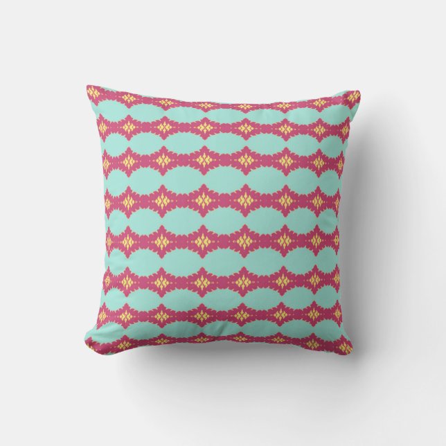 Turquoise Roze Geel Geometrisch Gestreept Kussen (Voorkant)