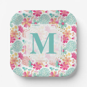Turquoise Roze Geschilderde Bloemige monogram serv Papieren Bordje