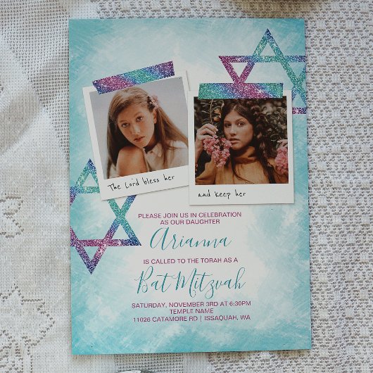 Turquoise , roze glitter bat Mitzvah uitnodiging