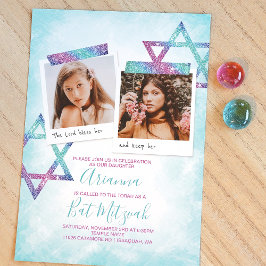 Turquoise , roze glitter bat Mitzvah uitnodiging