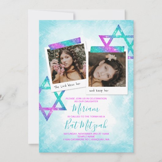 Turquoise , roze glitter bat Mitzvah uitnodiging (Voorkant)