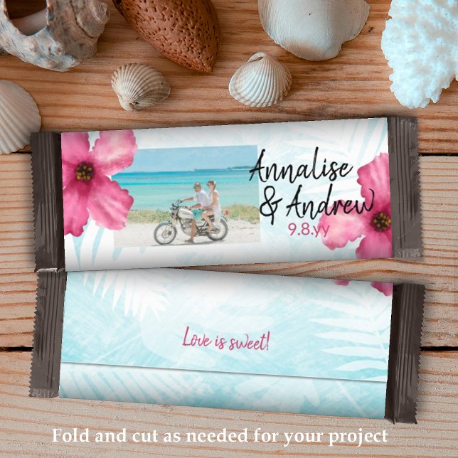 Turquoise Roze Hibiscus Bruiloft Snoep Bar Wrapper (pink hibiscus tropical wedding candy chocolate bar personalized wrapper budget diy alternative candy)