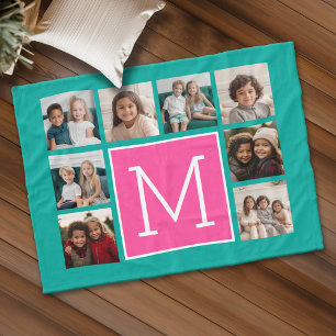 Turquoise Roze Instagram 8 Foto Collage Monogram Fleece Deken