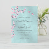 Turquoise roze kersenbloesem bruiloft kaart (Staand voorkant)