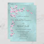 Turquoise roze kersenbloesem bruiloft kaart (Voorkant / Achterkant)