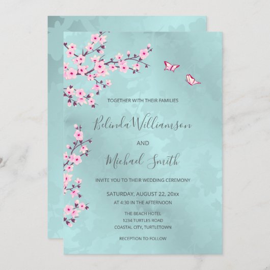 Turquoise roze kersenbloesem bruiloft kaart (Voorkant / Achterkant)