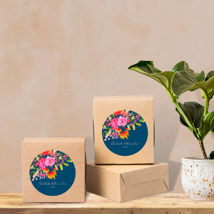 Turquoise Roze Oranje Aquarel Bloemstuk Huwelijk Ronde Sticker