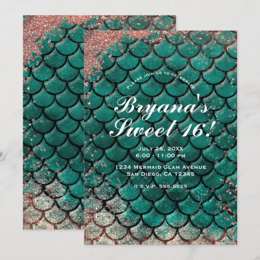 Turquoise & Roze Rose Goud Glitter Zeemeermin Swee Kaart (Voorkant / Achterkant)