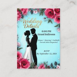 💍 Turquoise Roze Rozen Huwelijk Koppel Silhouet Informatiekaartje