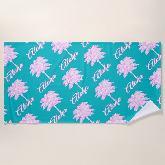 Turquoise Roze Witte Palm Aloha Tropical Strandlaken (Voorkant)
