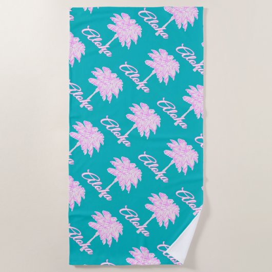 Turquoise Roze Witte Palm Aloha Tropical Strandlaken (Voorkant)