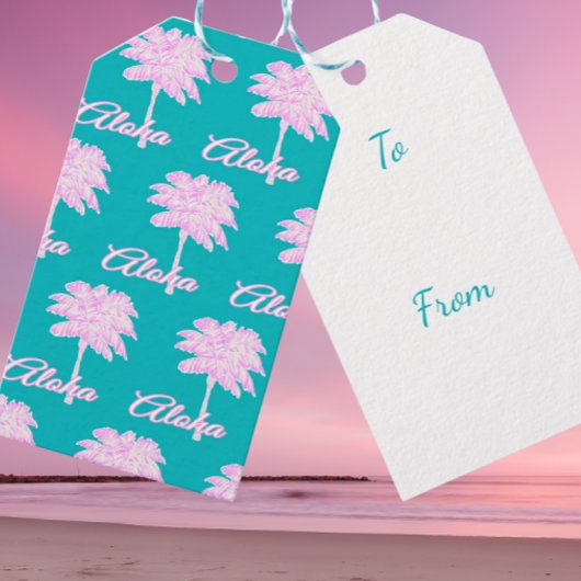 Turquoise Roze Witte Palm Aloha Tropisch  Cadeaulabel