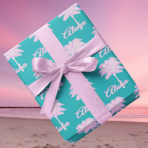 Turquoise Roze Witte Palm Aloha Tropisch  Cadeaupapier