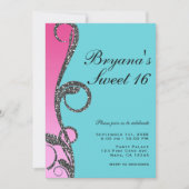 Turquoise & Roze Zilveren Glitter Draai Sweet 16 F Kaart (Voorkant)