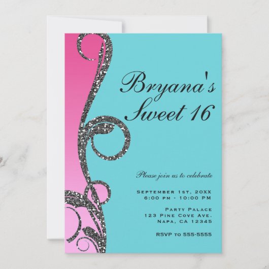 Turquoise & Roze Zilveren Glitter Draai Sweet 16 F Kaart (Voorkant)