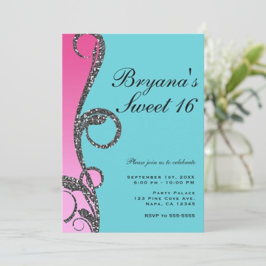 Turquoise & Roze Zilveren Glitter Draai Sweet 16 F Kaart (Staand voorkant)