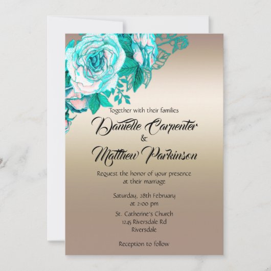 Turquoise Rozen en Golden Elegance bruiloft Kaart (Voorkant)
