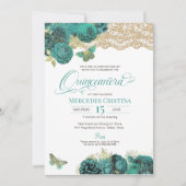 Turquoise Rozen en Lace Butterfly Quinceañera Inv Kaart (Voorkant)