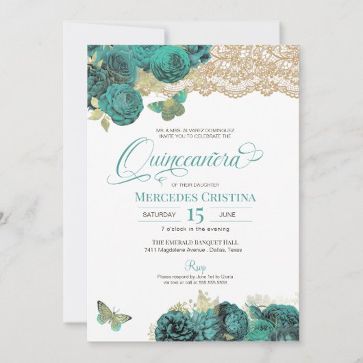 Turquoise Rozen en Lace Butterfly Quinceañera Inv Kaart (Voorkant)