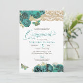 Turquoise Rozen en Lace Butterfly Quinceañera Inv Kaart (Staand voorkant)