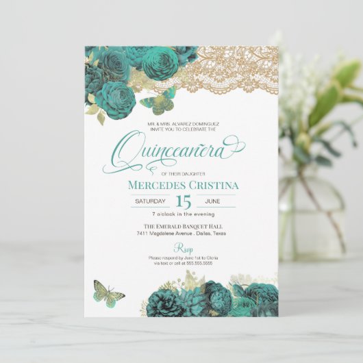 Turquoise Rozen en Lace Butterfly Quinceañera Inv Kaart (Staand voorkant)