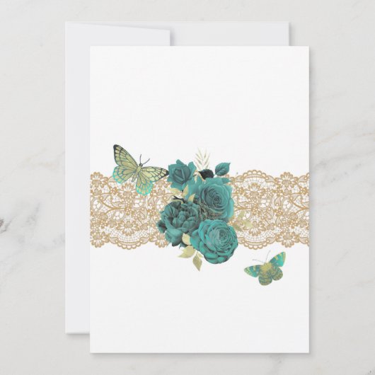 Turquoise Rozen en Lace Butterfly Quinceañera Inv Kaart (Achterkant)
