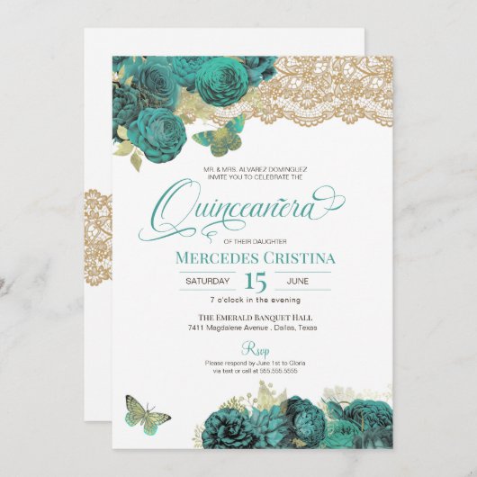 Turquoise Rozen en Lace Butterfly Quinceañera Inv Kaart (Voorkant / Achterkant)