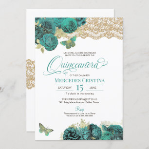 Turquoise Rozen en Lace Butterfly Quinceañera Inv Kaart