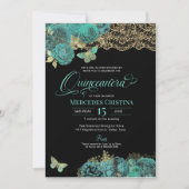 Turquoise Rozen en Lace Butterfly Quinceañera Kaart (Voorkant)