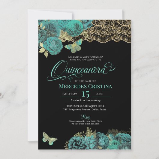 Turquoise Rozen en Lace Butterfly Quinceañera Kaart (Voorkant)