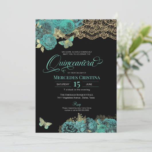Turquoise Rozen en Lace Butterfly Quinceañera Kaart (Staand voorkant)