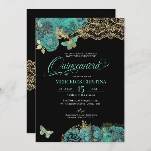 Turquoise Rozen en Lace Butterfly Quinceañera Kaart (Voorkant / Achterkant)