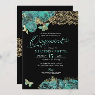 Turquoise Rozen en Lace Butterfly Quinceañera Kaart