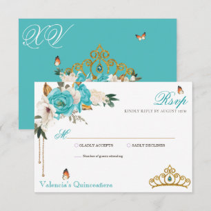 Turquoise Rozen Gold Gemstone Tiara Quinceanera RSVP Kaartje