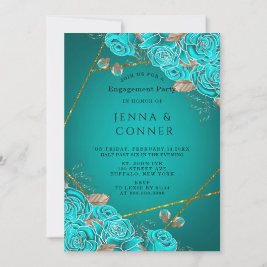 Turquoise Rozen Gold Geometric Engagement Party Kaart (Voorkant)