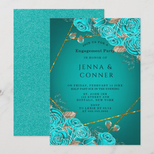 Turquoise Rozen Gold Geometric Engagement Party Kaart (Voorkant / Achterkant)