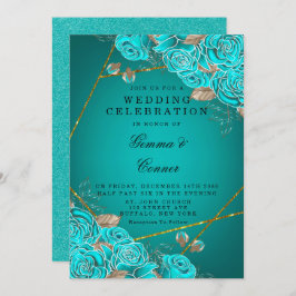 Turquoise Rozen Gold Geometric Wedding Kaart